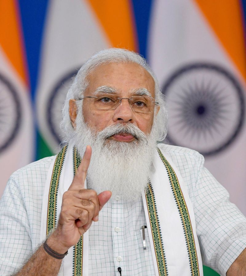 Prime Minister Narendra Modi addresses at the ‘Atmanirbhar Narishakti se Samvad’, through video conferencing, in New Delhi. (PTI Photo)