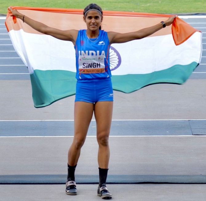 India's long jumper Shaili Singh celebrates after winning silver at the World Athletics Under-20 Championships in Nairobi on Sunday. Photograph: Athletics Federation of India/Twitter