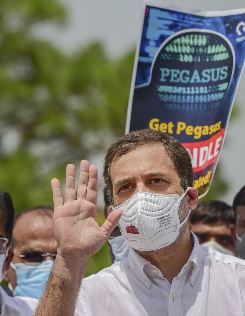 Congress leader Rahul Gandhi along with other opposition parties' leaders at a protest march against the curtailment of the Monsoon Session of Parliament, in New Delhi on August 12, 2021. (PTI Photo)