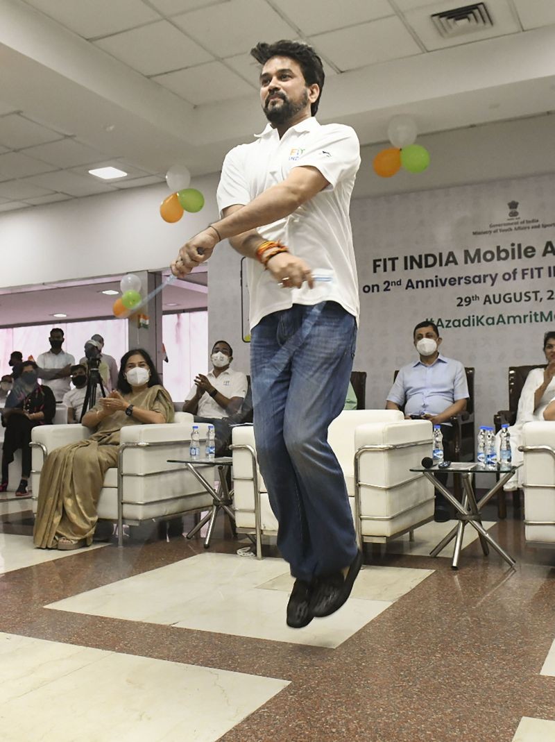 New Delhi: Union Minister for I&B and Youth Affairs & Sports, Anurag Thakur skips rope after  launching the FIT India APP in New Delhi, Sunday, Aug 29, 2021. (PTI Photo)