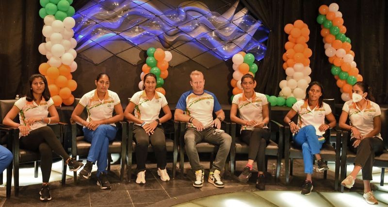 New Delhi: Indian women's hockey team captain Rani Rampal (C) with other players and team coach Sjoerd Marijne during an interaction with the media, New Delhi, Tuesday, Aug 10, 2021. (PTi Photo/Vijay Verma)