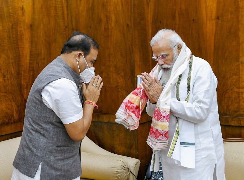 Prime Minister Narendra Modi meets Assam Chief Minister Himanta Biswa Sarma in New Delhi.  (PTI Photo)
