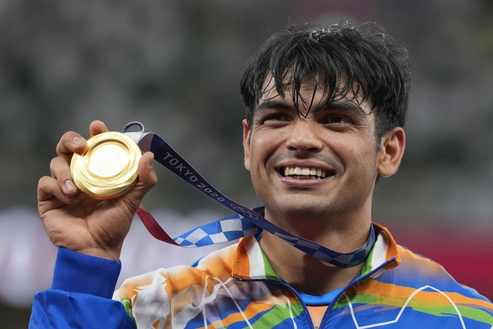 Tokyo: Gold medalist Neeraj Chopra, of India, poses during the medal ceremony for the men's javelin throw at the 2020 Summer Olympics, Saturday, Aug. 7, 2021, in Tokyo. AP/PTI