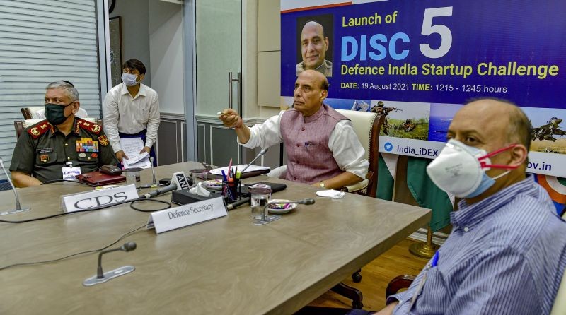 Defence Minister Rajnath Singh launches DISC 5 (Defence India Startup Challange) as Chief of Defence Staff Gen. Bipin Rawat (L) and Defence Secretary Ajay Kumar  look on, at South block in New Delhi on August 19, 2021. (PTI Photo)