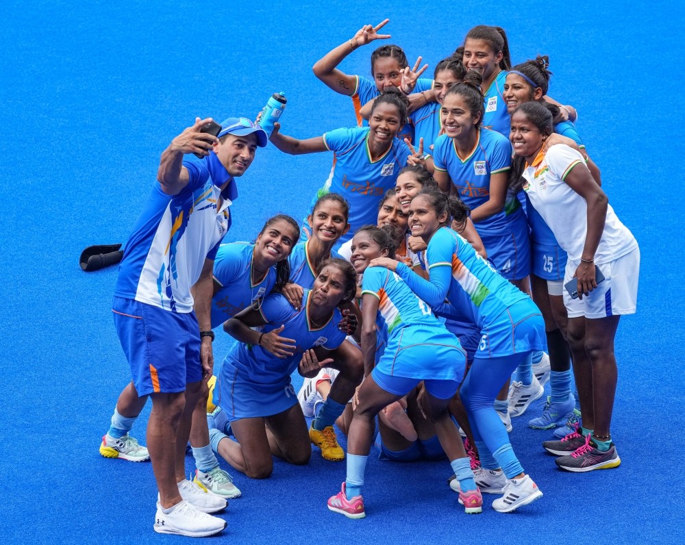 Tokyo: Indian players take selfies as they celebrate their victory against Australia during women's field hockey quarterfinal match at the 2020 Summer Olympics, in Tokyo,  Monday, Aug. 2, 2021.(PTI Photo/Gurinder Osan)
