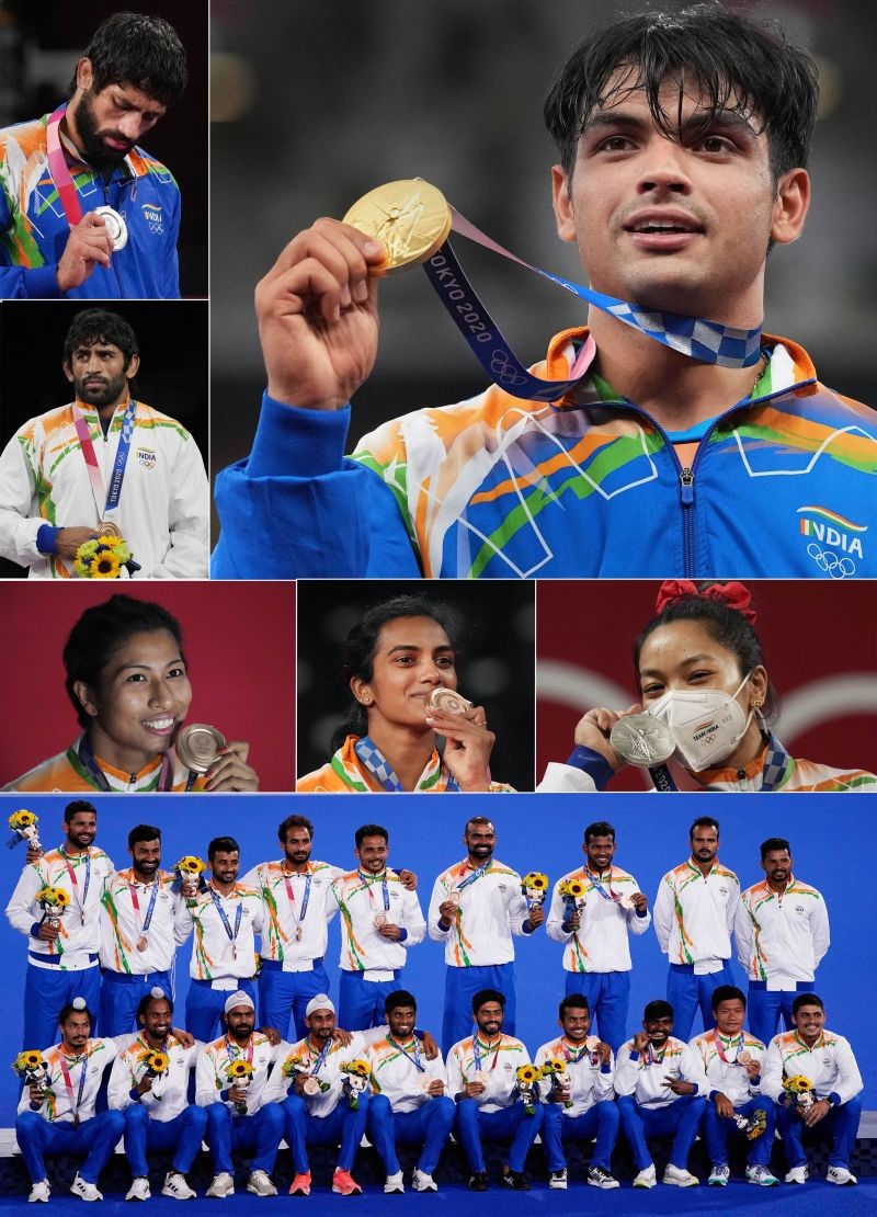 wise from top, javelin thrower Neeraj Chopra, wrestlers Ravi Dahiya and Bajrang Punia, boxer Lovlina Borgohain, badminton player PV Sindhu, weightlifter Mirabai Chanu and the Indian men's hockey team. (PTI Photo)