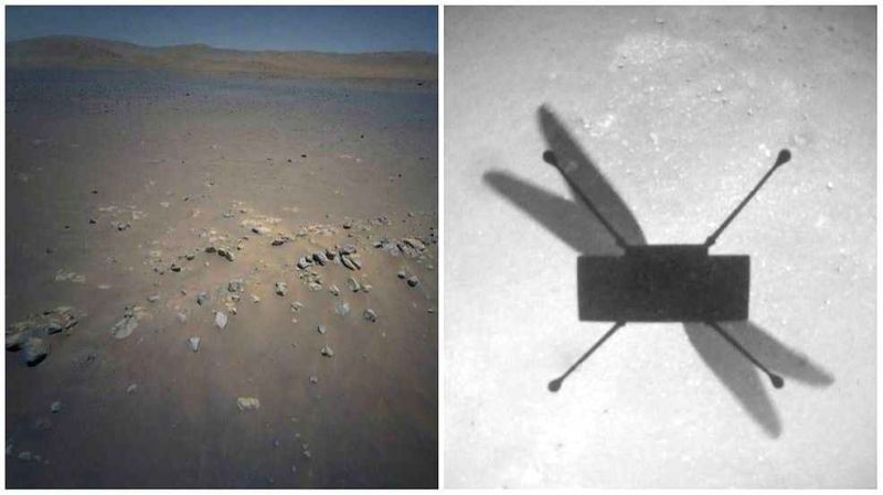 NASA’s Ingenuity Mars Helicopter took the image on the left with its high-resolution color camera and the image on the right with its navigation camera during its 10th Flight, on July 24, 2021.(IANS File Photo)