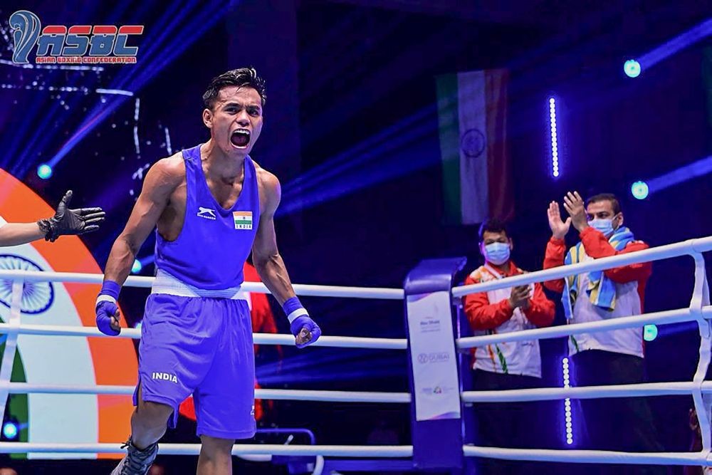 Dubai: Indian boxer Bishwamitra Chongtham reacts after defeating Uzbekistan’s Kuziboev Ahmadjon at ASBC Asian Youth & Junior Boxing Championships, in Dubai. (PTI Photo)