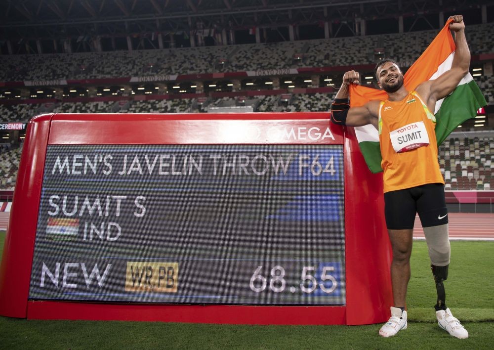 Tokyo: India's Sumit Antil sets a World Record of 68.55 meters and wins the gold medal during the Men's Javelin Throw F44 in the Athletics during the Tokyo 2020 Paralympic Games in Tokyo, Monday, Aug. 30, 2021. AP/PTI Photo