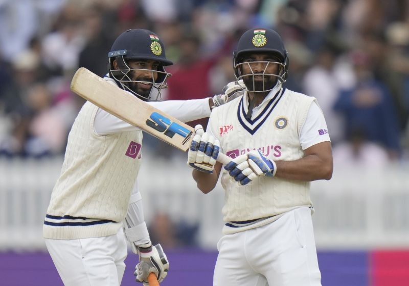 London: India's Mohdohammed Shami, right celebrates getting 50 runs not out, as India's Jasprit Bumrah congratulates him during the fifth day of the 2nd cricket test between England and India at Lord's cricket ground in London, Monday, Aug. 16, 2021. AP/PTI