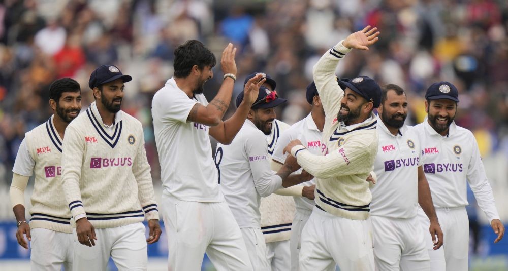 London: India's Virat Kohli, centre right and India's Ishant Sharma, centre left, reacts after the video review of India's Ishant Sharma's appeal for lbw on England's Jonny Bairstow was given out during the fifth day of the 2nd cricket test between England and India at Lord's cricket ground in London, Monday, Aug. 16, 2021. AP/PTI(