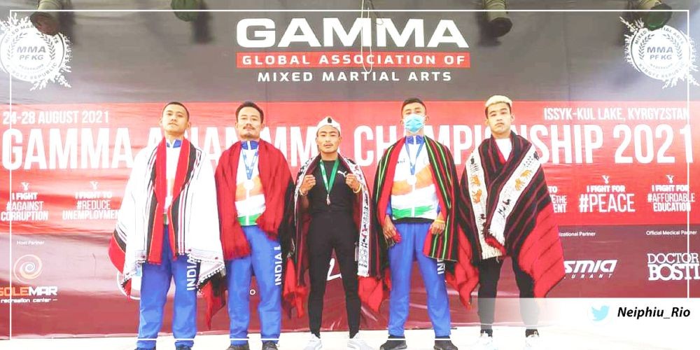 Kekhrieneitso Angami (silver), Longtsukumba Ao (silver), and Arsenba Ozukum (bronze)  were among five fighters from The Combat Academy Nagaland, who represented India at the championship held in Kyrgyzstan from August 24 to 28. Mairidin Newmai and Limasunep Imchen were the other two fighters from the State.  (Photo Courtesy: Twitter/@Neiphiu_Rio)