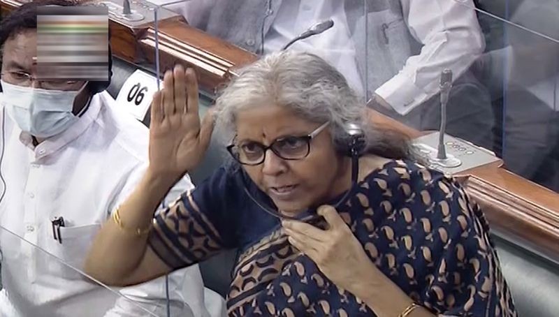 Union Finance Minister Nirmala Sitharaman speaks in the Lok Sabha during the Monsoon Session of Parliament, in New Delhi on August 9, 2021. (LSTV/PTI Photo)