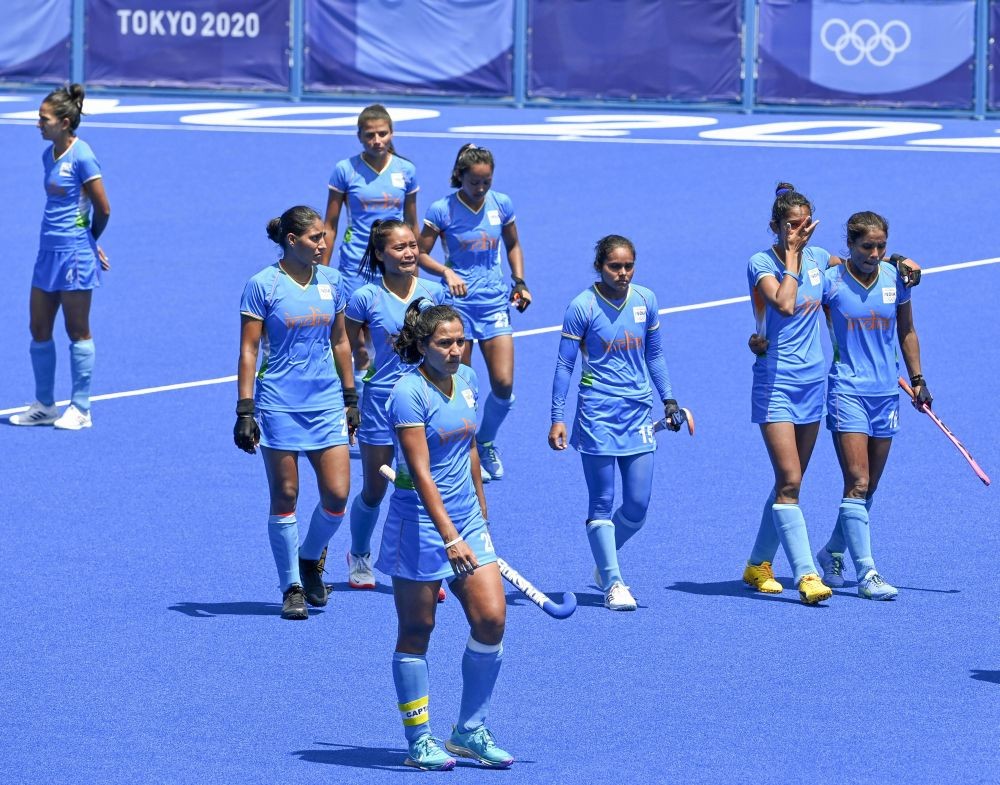 Tokyo: Indian players react after losing their women's field hockey bronze medal match against Great Britain, at the 2020 Summer Olympics, in Tokyo, Friday, Aug. 6, 2021. India lost the match 3-4. (PTI Photo/Gurinder Osan)