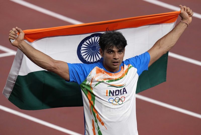 Tokyo: Neeraj Chopra, of India celebrates winning the gold medal in the final of the men's javelin throw at the 2020 Summer Olympics, Saturday, Aug. 7, 2021, in Tokyo, Japan.AP/PTI(