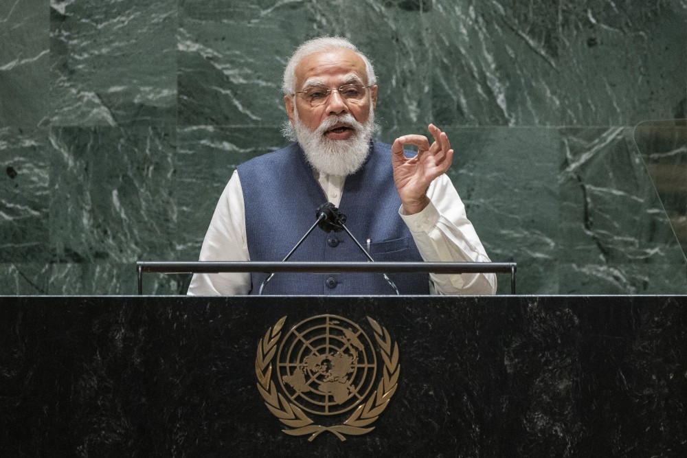 India's Prime Minister Narendra Modi addresses the 76th Session of the U.N. General Assembly at United Nations headquarters in New York, on Saturday, Sept. 25, 2021.  (Eduardo Munoz /Pool Photo via AP)