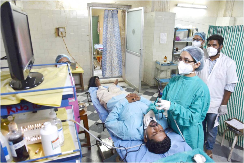 A doctor performs Diagnostic Nasal Endoscopy on a patient to detect Black Fungus at government ENT Hospital in Hyderabad. (PTI File Photo)