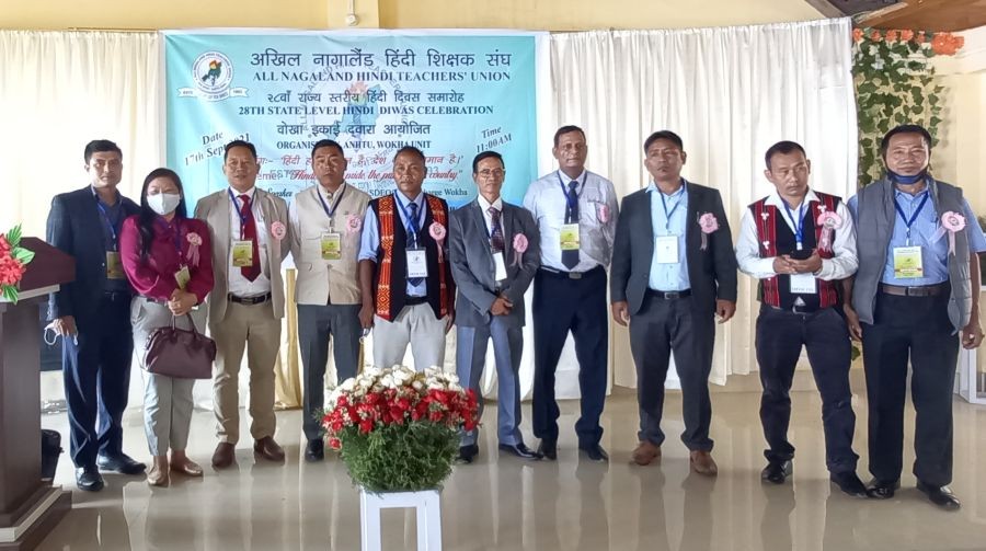 All Nagaland Hindi Teachers’ Union officials during the observance of the 28th state Level Hindi Diwas held at WDVDBA & WDVCCA Multipurpose Building, Wokha. (ANHTU)