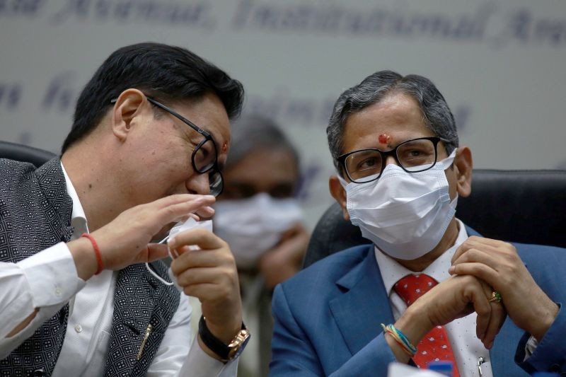 Chief Justice of India NV Ramana with Union Law Minister Kiren Rijiju (L) during felicitation function in New Delhi on September 4, 2021. (PTI Photo)