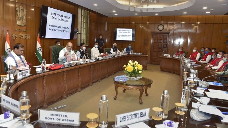 Union Home Minister Amit Shah addresses during Karbi Anglong Agreement, at North Block, New Delhi on September 4, 2021. (PTI Photo)