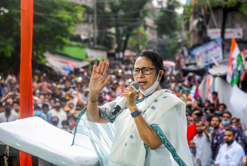 West Bengal Chief Minister Mamata Banerjee addresses a public meeting during her campaign for Bhabanipur constituency by-polls, in Kolkata on September 22, 2021. (PTI Photo)