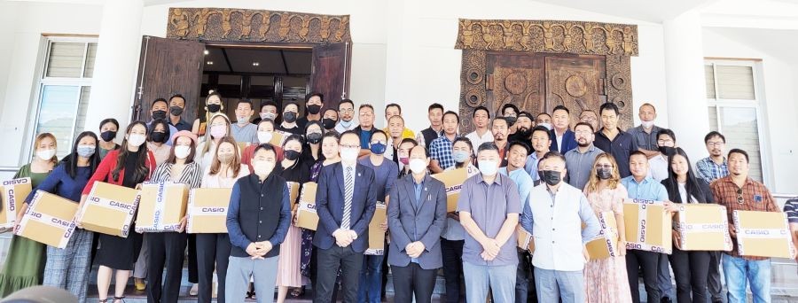 Chief Minister Neiphiu Rio and others with recipients of Casio Laser LED Hybrid Projectors on September 27 in Kohima. (Morung Photo)