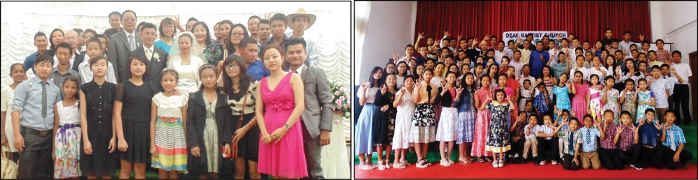 (Left) Atoshe and Tohini's Deaf friends at their wedding (Right) Deaf community of Nagaland after their church service