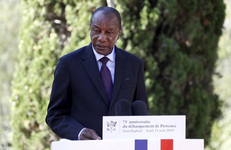 In this Thursday, Aug. 15, 2019 file photo, Guinean President Alpha Conde delivers a speech during a ceremony marking the 75th anniversary of the WWII Allied landings in Provence, in Saint-Raphael, southern France. Witnesses say heavy gunfire has erupted near the presidential palace in Guinea's capital and went on for hours. It was not immediately known whether President Alpha Conde was home at the time the shooting began. But the gunfire prompted security concerns in the West African country with a long history of coup attempts. (AP File Photo)