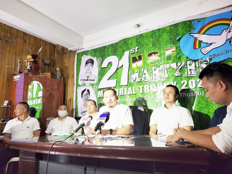 Convenor of the 21st NSF Martyr’s Memorial Trophy 2021 Dievi Yano addressing the press conference in Kohima. (Morung Photo)