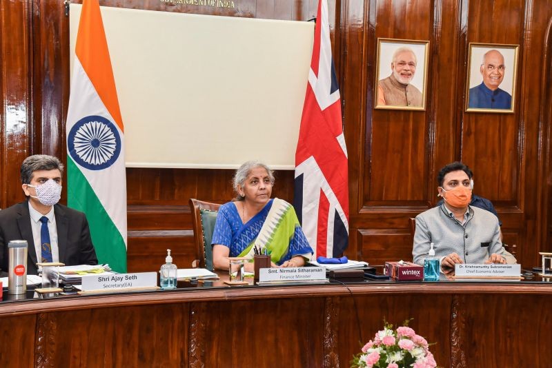 Union Minister for Finance & Corporate Affairs Nirmala Sitharaman participates in the 11th India-UK Economic and Financial Dialogue (EFD) with United Kingdom Chancellor of Exchequer Mr Rishi Sunak, via video conferencing, in New Delhi on September 2, 2021. Department of Economic Affairs Secretary Ajay Seth and Chief Economic Advisor Dr K.V. Subramanian are also seen. (PTI Photo)