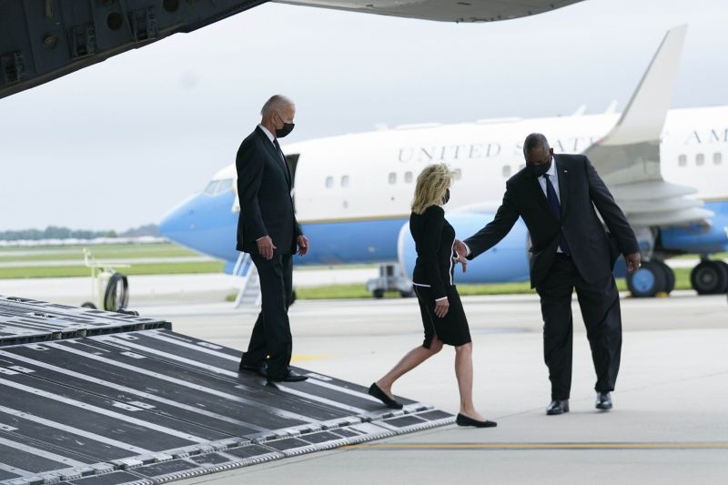 Dover Air Force Base: Defense Secretary Lloyd Austin assists first lady Jill Biden and President Joe Biden as they walk from a U.S. Air Force C17A Globemaster III after a prayer during a casualty return Sunday, Aug. 29, 2021, at Dover Air Force Base, Del., for U.S. troops who died in an attack at Afghanistan's Kabul airport on Aug. 26. (AP/PTI Photo)