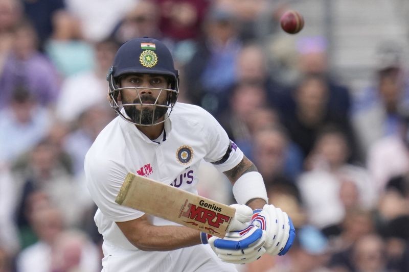 India s Virat Kohli plays a shot off the bowling of England s James Anderson on the first day of the 4th cricket Test between England and India at The Oval cricket ground in London on September 2, 2021. (AP/PTI Photo)