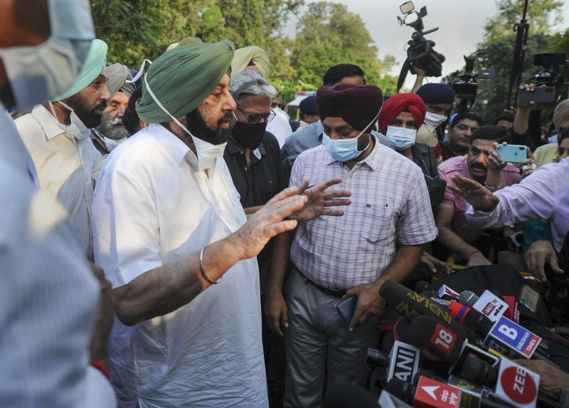 Captain Amarinder Singh speaks to media after submitting his resignation to Governor Purohit Banwarilal at Raj Bhavan in Chandigarh on September 18, 2021. Singh resigned from the post of Punjab Chief Minister. (PTI Photo)