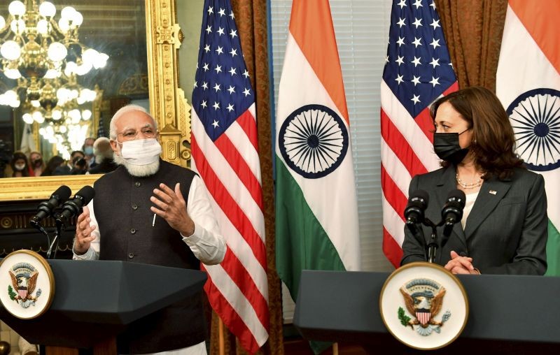 Prime Minister Narendra Modi  with  Vice President of the United States of America,  Kamala Harris  at the Joint Press Statements, in Washington DC, USA . (PTI Photo)