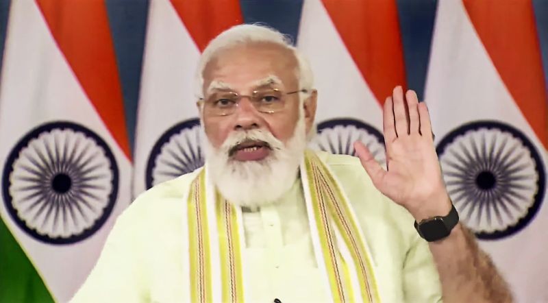 Prime Minister Narendra Modi addresses during an inauguration of the National Institute of Biotic Stress Management in Raipur, via video conferencing in New Delhi. (PTI Photo)