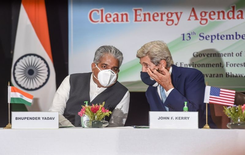 Union Minister for Environment, Forest & Climate Change Bhupendra Yadav with US Special Presidential Envoy for Climate John Kerry, during the launch of Climate Action & Finance Mobilisation Dialogue (CAFMD) under India-US Climate & Clean Energy Agenda 2030 Partnership, at Paryavaran Bhawan in New Delhi on September 13, 2021. (PTI Photo)