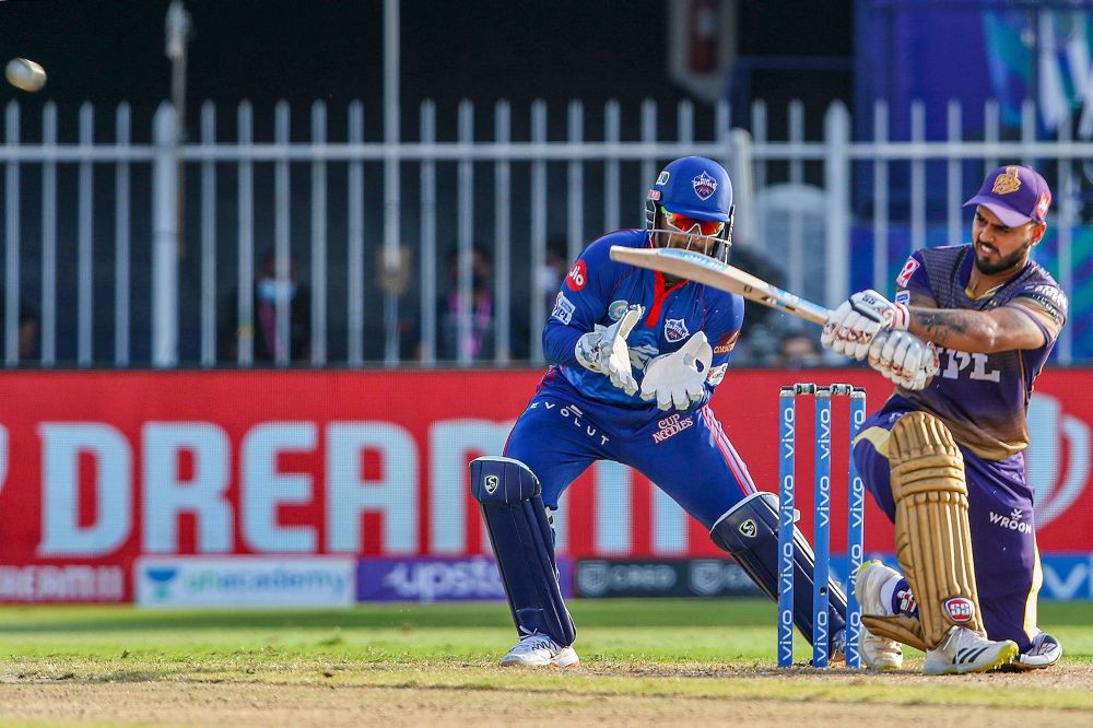 Sharjah: Nitish Rana of Kolkata Knight Riders plays a shot during match 41 of the Vivo Indian Premier League between the Kolkata Knight Riders and the Delhi Capitals, at the Sharjah Cricket Stadium, Tuesday, Sept. 28, 2021. (PTI Photo/Sportzpics for IPL)