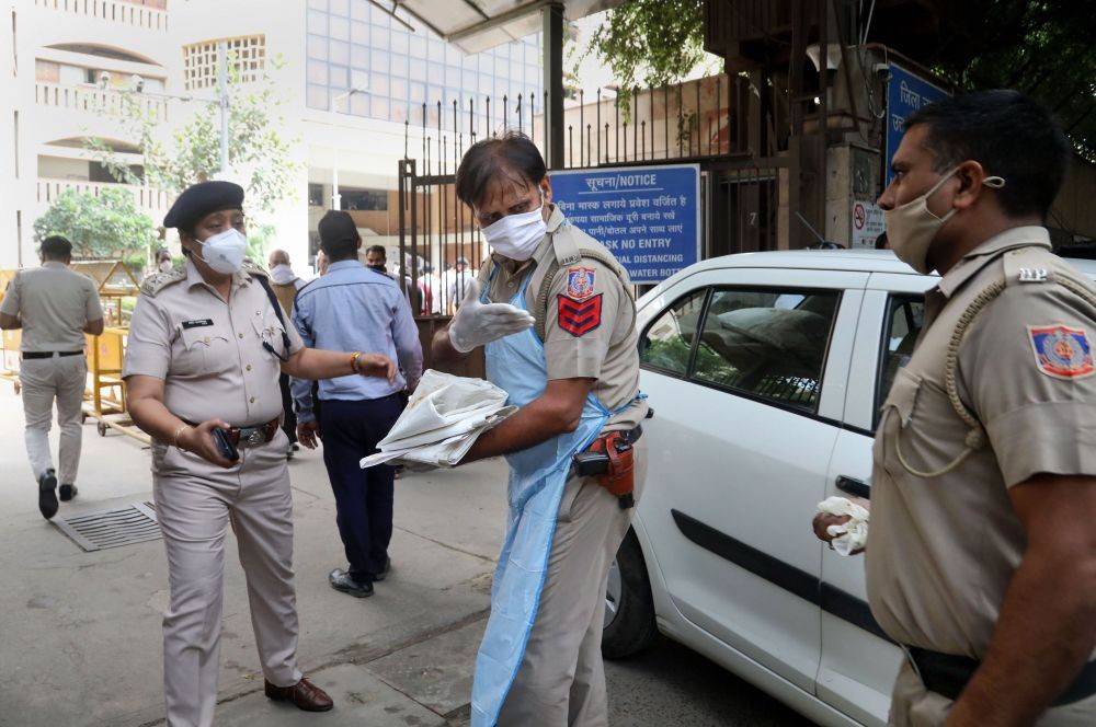 New Delhi: Police personnel at Rohini Court, where a shootout took place while gangster Jitender Gogi was being produced, in New Delhi, Friday, Sept. 24, 2021. Gogi was killed by rival gang shooters who were later shot dead by the police in the cross-firing. (PTI Photo)