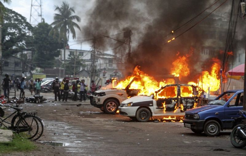 Vehicles in flames after clashes between BJP supporters and CPI(M) activists, in Agartala on September 8, 2021. (PTI Photo)