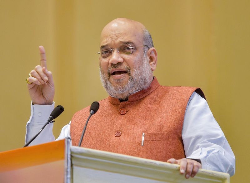 Union Home Minister Amit Shah addresses during the Hindi Divas Samaroh 2021 at Vigyan Bhawan in New Delhi on September 14. (PTI Photo)