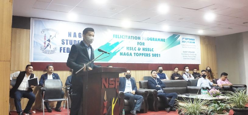 Kesonyu Yhome speaking at the felicitation programme for HSLC & HSSLC Naga topper 2021 at Capital Convention Center, Kohima on September 2.