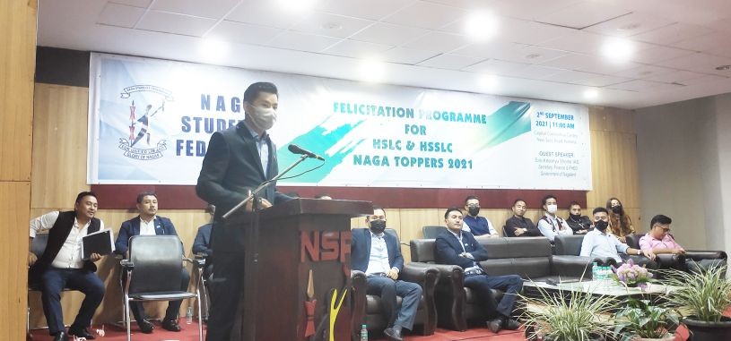 Kesonyu Yhome speaking at the felicitation programme for HSLC & HSSLC Naga topper 2021 at Capital Convention Center, Kohima on September 2.