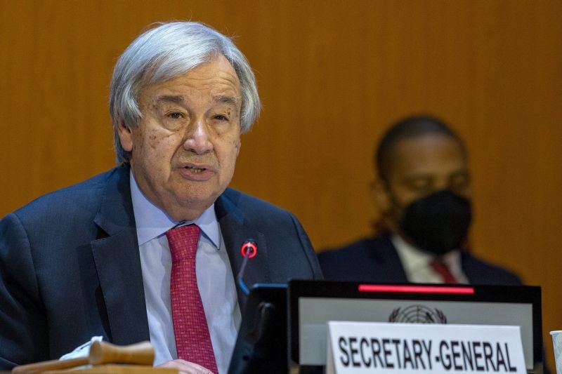 U.N. Secretary-General Antonio Guterres, addresses his statement, during the High-Level Ministerial Event on the Humanitarian Situation in Afghanistan, at the European headquarters of the United Nation, in Geneva, Switzerland on September 13. (AP/PTI Photo)