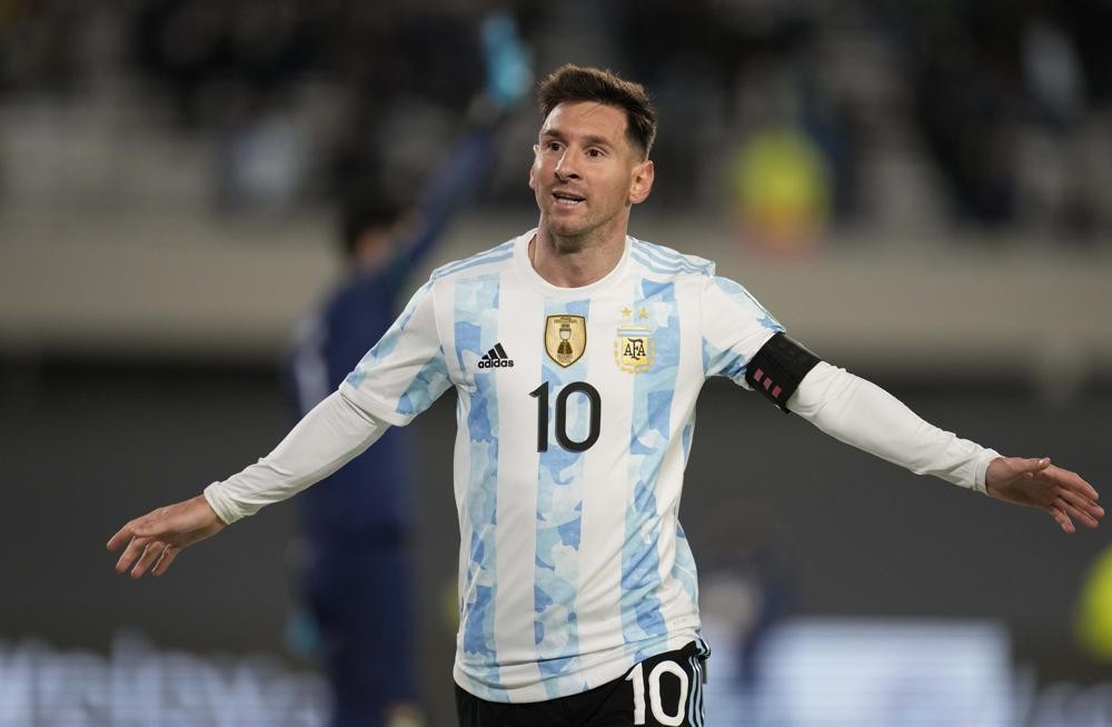 Argentina s Lionel Messi celebrates scoring his team´s third goal against Bolivia during a qualifying soccer match for the FIFA World Cup Qatar 2022, in Buenos Aires, Argentina, Thursday, Sept. 9, 2021. (AP Photo/Natacha Pisarenko, Pool)