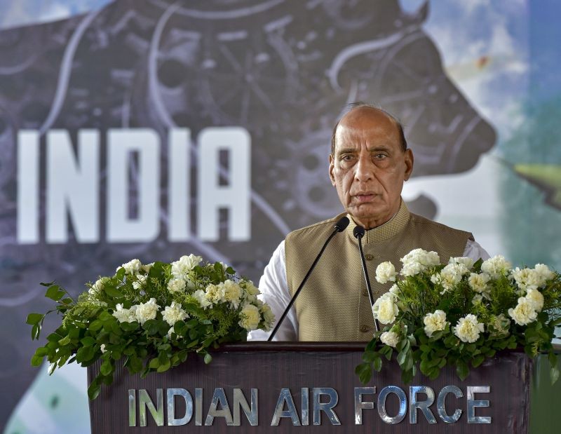 Union Defence Minister Rajnath Singh speaks during the induction of a medium-range surface-to-air missile system (MRSAM), in Jaisalmer on September 9. (PTI Photo)