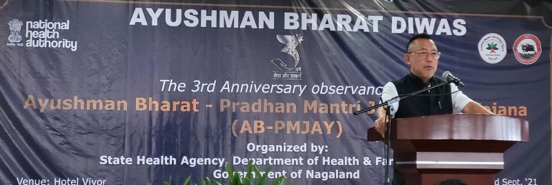 Minister S Pangnyu Phom speaking at the 3rd anniversary observance of AB-PMJAY held at Hotel Vivor, Kohima on September 23. (Morung Photo)