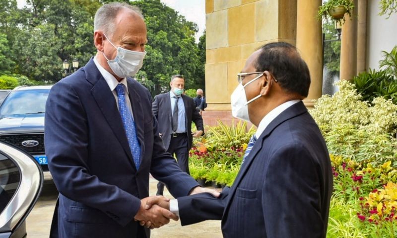 NSA Ajit Doval welcomes Russian Security Council Secretary Nikolai Patrushev for a bilateral meeting on security cooperation, in New Delhi on September 8, 2021. (PTI Photo)