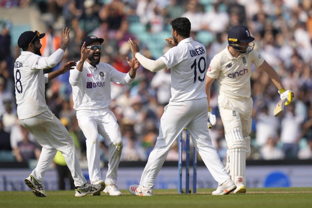 London: India's Umesh Yadav celebrate taking the wicket of England's Chris Woakes on day five of the fourth Test match at The Oval cricket ground in London, Monday, Sept. 6, 2021. AP/PTI