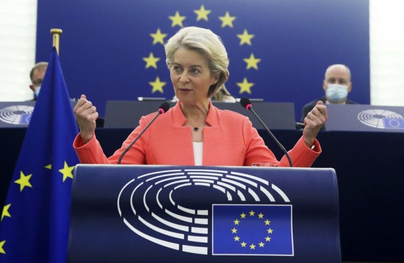 European Commission President Ursula von der Leyen delivers a State of the Union Address at the European Parliament in Strasbourg, France on September 15, 2021. The European Union announced Wednesday it is committing 200 million more coronavirus vaccine doses to Africa to help curb the COVID-19 pandemic on a global scale. (AP Photo)