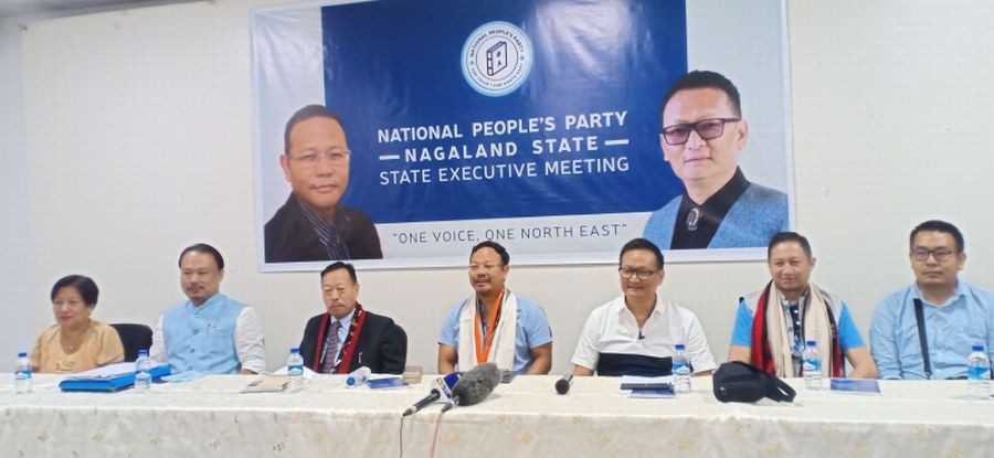 NPP General Secretary, Finance, James Sangma along with other party functionaries addressing media in Dimapur on September 4. (Morung Photo)